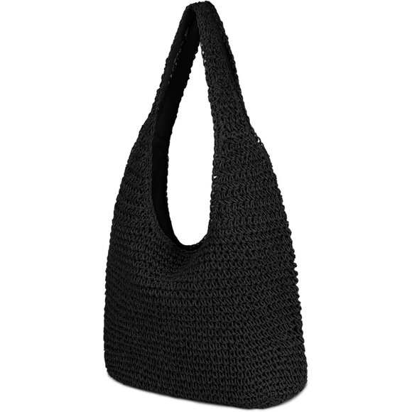 Women's Black Large Straw Beach Bag Handmade Woven Shoulder Hobo Tote Handbag - Picture 2 of 6
